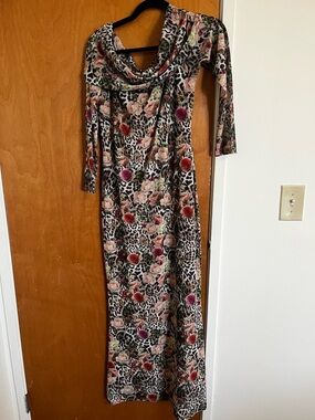 Floral & Leopard Print Long-Sleeve Maxi Dress in Mixed Pink and Black